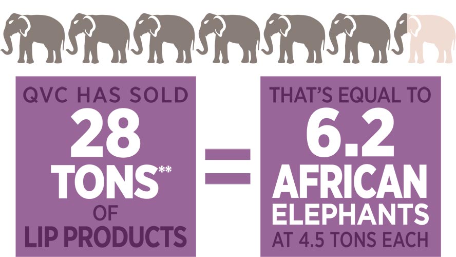 QVC has sold 28 tons** of lip products, that’s equal to 6.2 african elephants at 4.5 tons each.