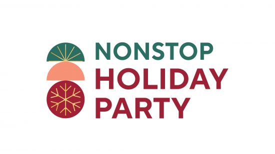 A photo with the words Nonstop Holiday Party in green and red colors on a white background and matching colored half moon and circle symbols next to each word
